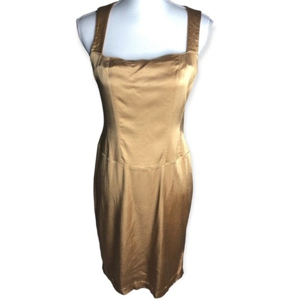 Hennes Collection Vintage Gold Silky Satin Square Neck Midi Dress